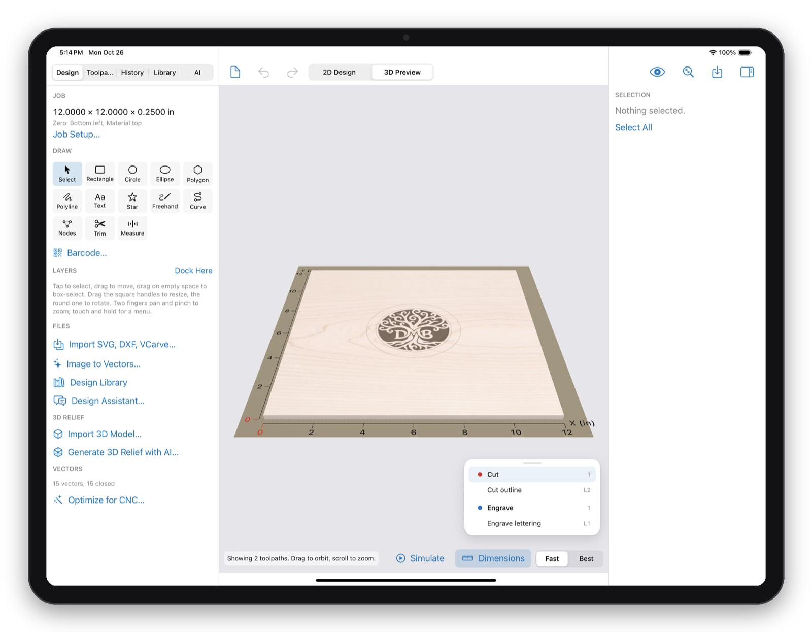 Makivo on iPad showing a laser engrave and cut job in the 3D preview