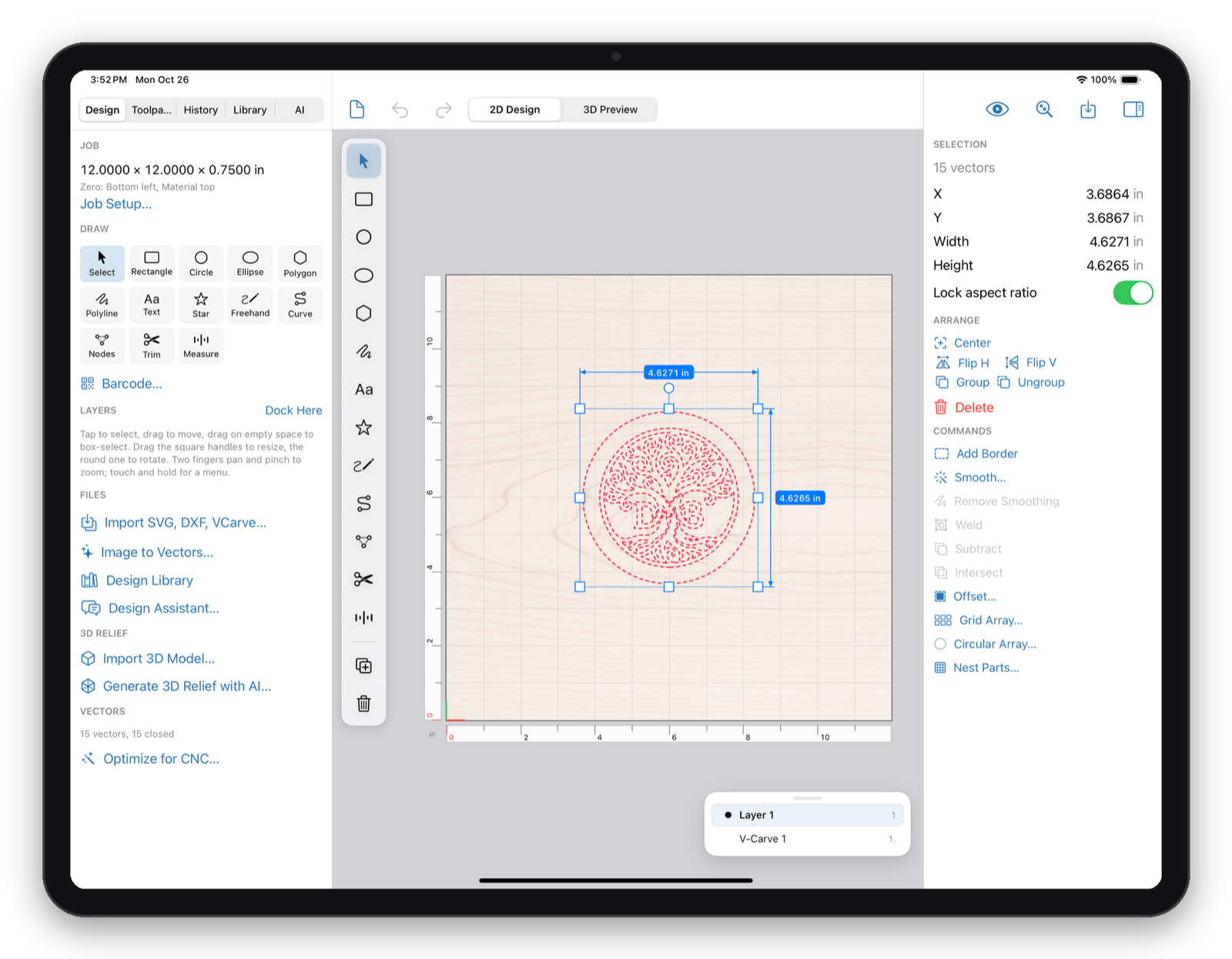 Makivo on iPad showing a sign design selected on the 2D canvas