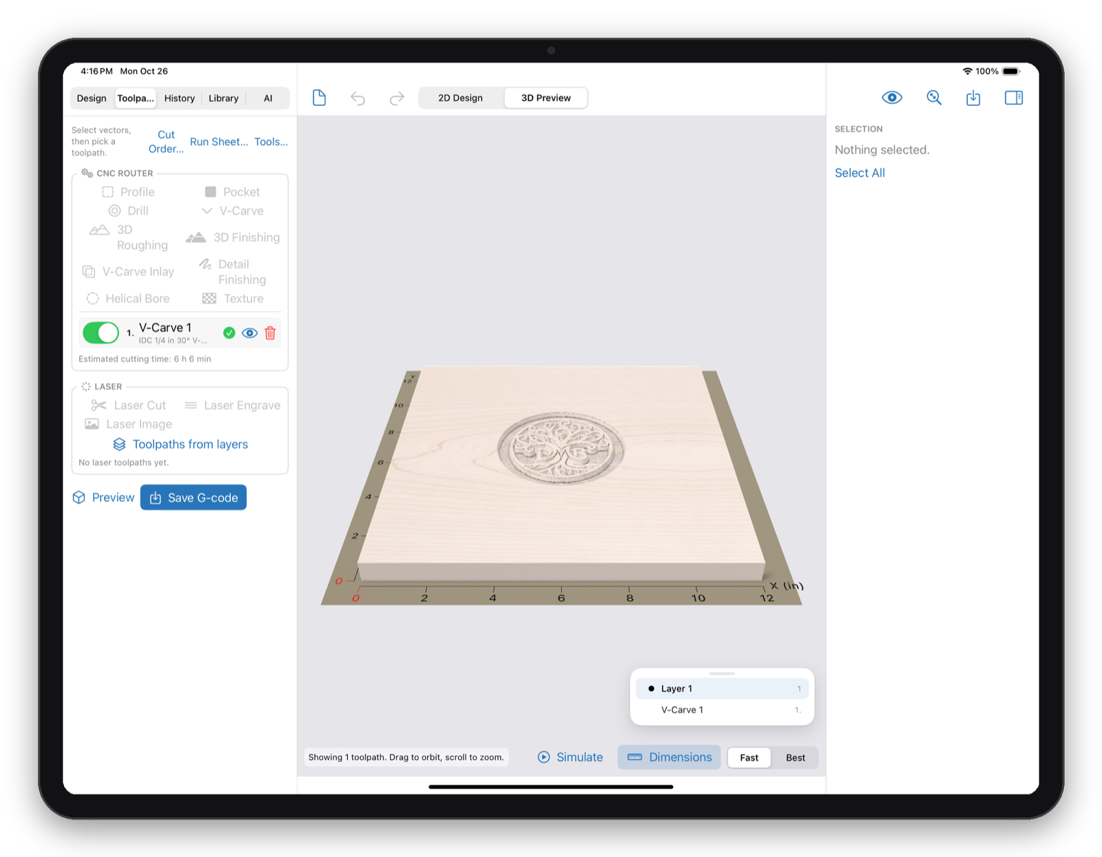 Makivo on iPad: a V-carved tree-of-life sign rendered in maple in the 3D preview
