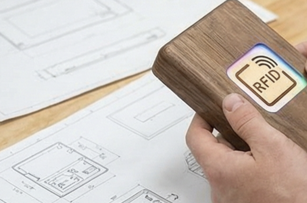 Custom reception fixture with NFC badge reader, integrated display, and visitor management interface