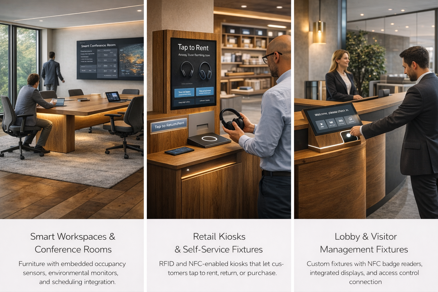 Smart connected furniture examples: conference room with embedded sensors and scheduling displays, RFID self-service retail kiosk, and lobby visitor management fixture with NFC badge reader